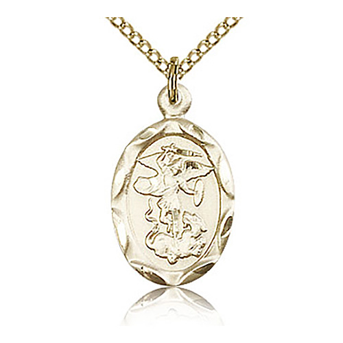 Gold Filled 3/4in Scalloped Edge St Michael Medal & 18in Chain