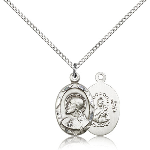 Sterling Silver 3/4in Oval Scapular Medal & 18in Chain