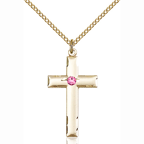 Gold Filled 1 1/8in Cross Pendant with 3mm Rose Bead & 18in Chain