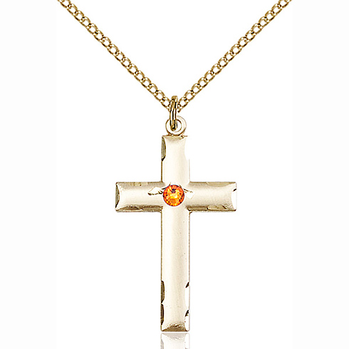 Gold Filled 1 1/8in Cross Pendant with 3mm Topaz Bead & 18in Chain