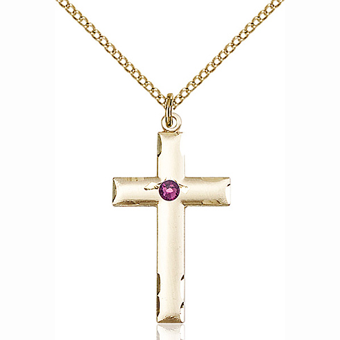 Gold Filled 1 1/8in Cross Pendant with 3mm Amethyst Bead & 18in Chain