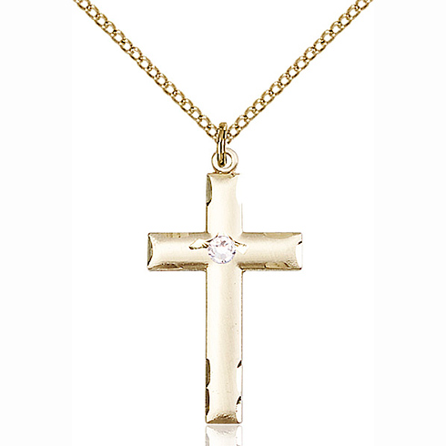 Gold Filled 1 1/8in Cross Pendant with 3mm Crystal Bead & 18in Chain