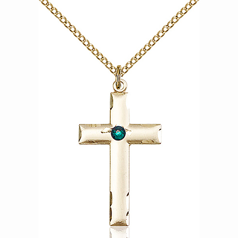Gold Filled 1 1/8in Cross Pendant with 3mm Emerald Bead & 18in Chain