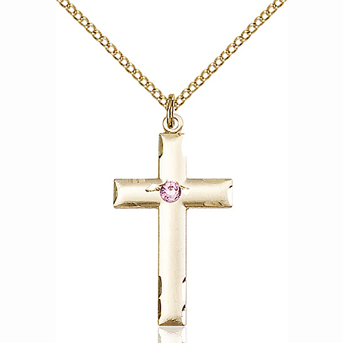 Gold Filled 1 1/8in Cross with Light Amethyst Bead & 18in Chain