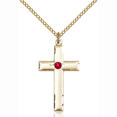 Gold Filled 1 1/8in Cross Pendant with 3mm Ruby Bead & 18in Chain