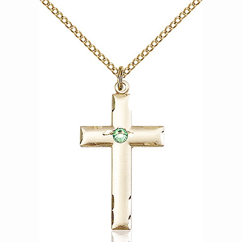 Gold Filled 1 1/8in Cross Pendant with 3mm Peridot Bead & 18in Chain