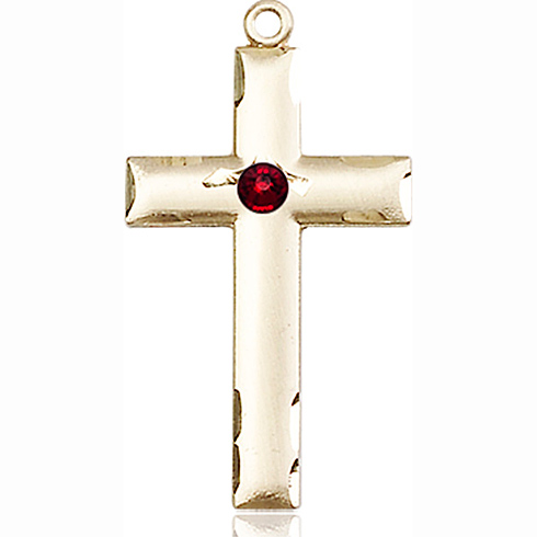 14kt Yellow Gold 1 1/8in Textured Latin Cross with 3mm Garnet Bead 