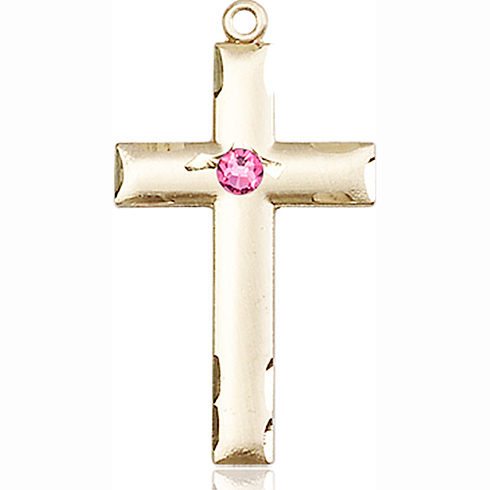 14kt Yellow Gold 1 1/8in Cross Medal with 3mm Rose Bead 