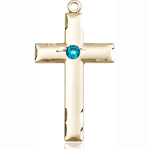 14kt Yellow Gold 1 1/8in Cross Medal with 3mm Zircon Bead 