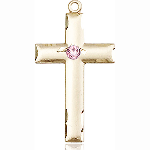 14kt Yellow Gold 1 1/8in Cross Medal with 3mm Light Amethyst Bead 