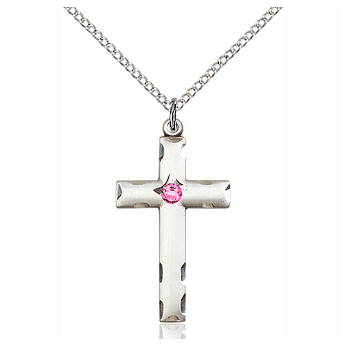 Sterling Silver 1 1/8in Cross Pendant with 3mm Rose Bead & 18in Chain