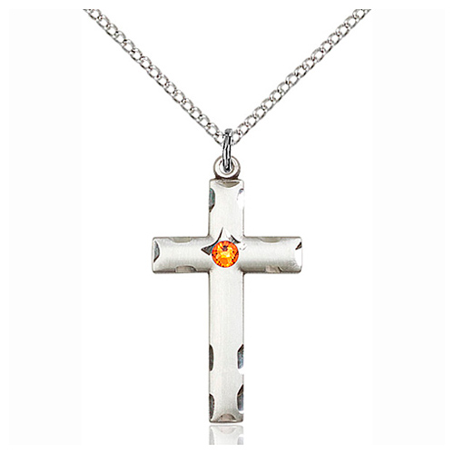 Sterling Silver 1 1/8in Cross Pendant with 3mm Topaz Bead & 18in Chain