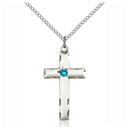 Sterling Silver 1 1/8in Cross Pendant with Zircon Bead & 18in Chain