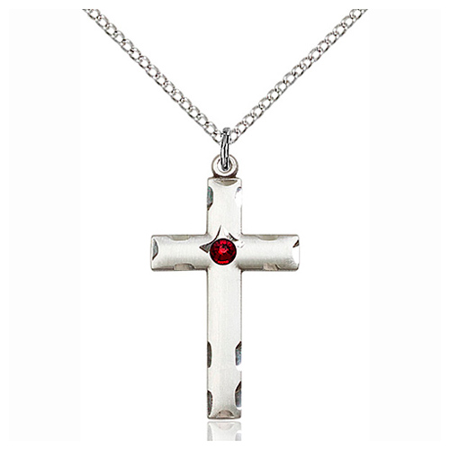 Sterling Silver 1 1/8in Cross Pendant with Garnet Bead & 18in Chain