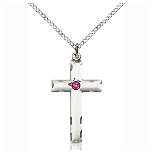 Sterling Silver 1 1/8in Cross Pendant with Amethyst Bead & 18in Chain