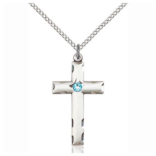 Sterling Silver 1 1/8in Cross Pendant with 3mm Aqua Bead & 18in Chain