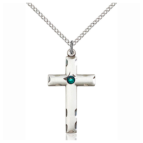 Sterling Silver 1 1/8in Cross Pendant with Emerald Bead & 18in Chain