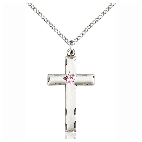 Sterling Silver 1 1/8in Cross with Light Amethyst Bead & 18in Chain