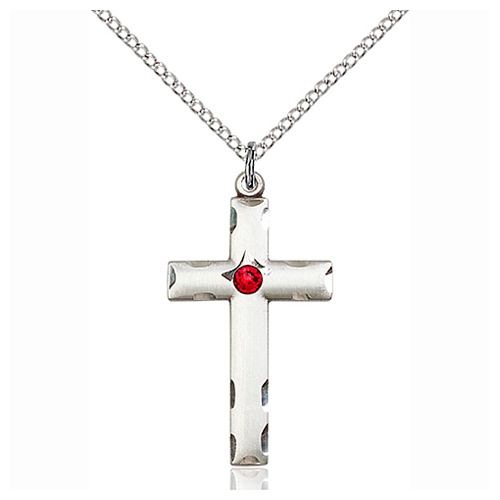Sterling Silver 1 1/8in Cross Pendant with 3mm Ruby Bead & 18in Chain