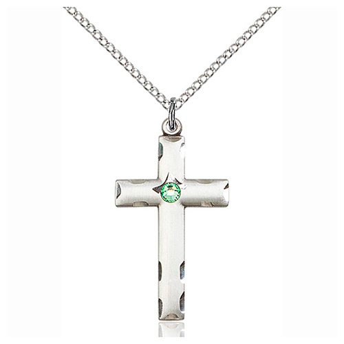 Sterling Silver 1 1/8in Cross Pendant with Peridot Bead & 18in Chain