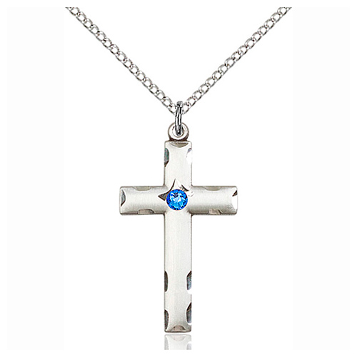 Sterling Silver 1 1/8in Cross Pendant with Sapphire Bead & 18in Chain