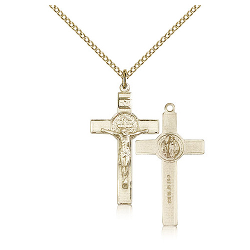 Gold Filled 1 1/8in St Benedict Crucifix & 18in Chain