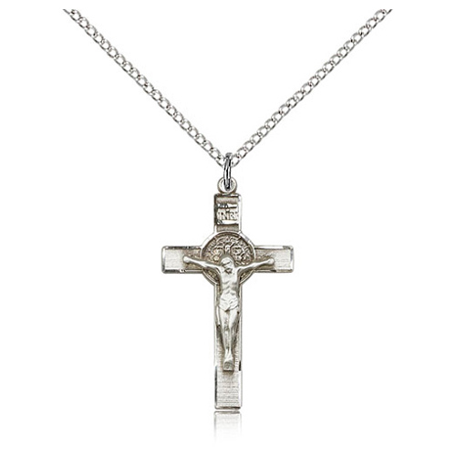 Sterling Silver 1 1/8in St Benedict Crucifix & 18in Chain