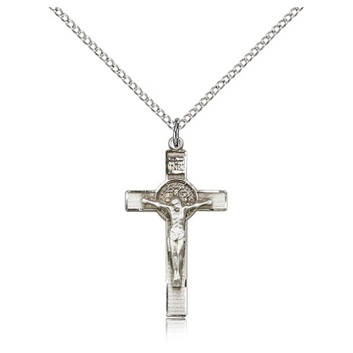 Sterling Silver 1 1/8in St Benedict Crucifix & 18in Chain