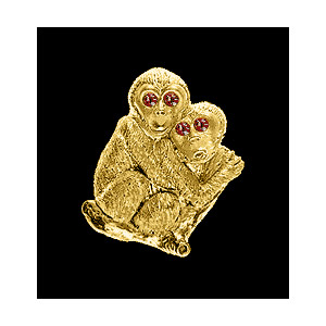 14KT Gold Monkey Duet Pendant with Ruby Eyes