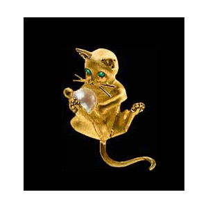 14KT Gold Kitten and Pearl Ball Pendant