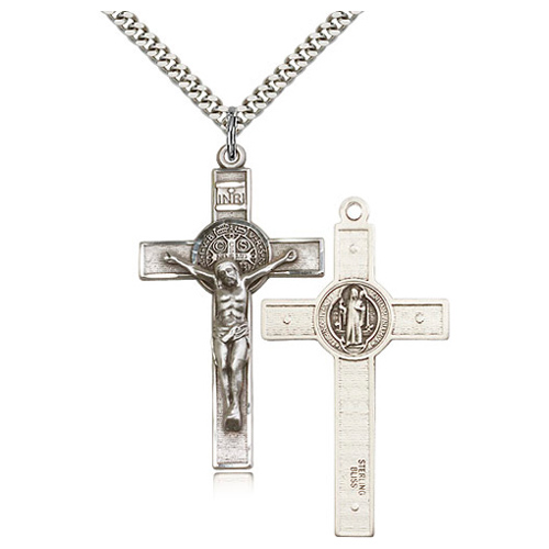 Sterling Silver 1 3/4in St Benedict Crucifix & 24in Chain