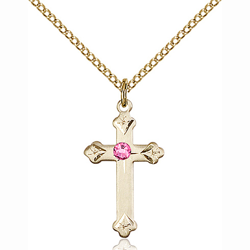 Gold Filled 3/4in Cross Pendant with 3mm Rose Bead & 18in Chain