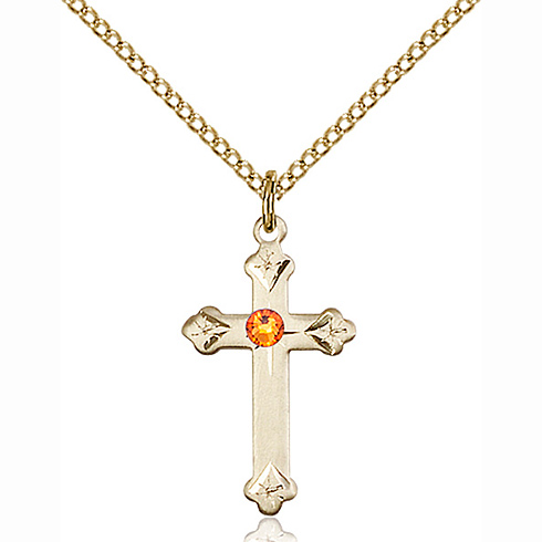 Gold Filled 3/4in Cross Pendant with 3mm Topaz Bead & 18in Chain
