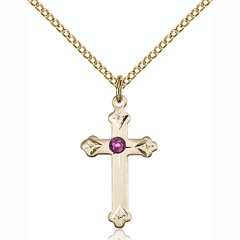 Gold Filled 3/4in Cross Pendant with 3mm Amethyst Bead & 18in Chain