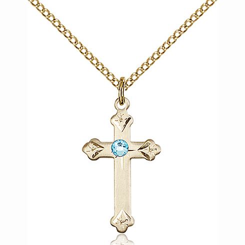 Gold Filled 3/4in Cross Pendant with 3mm Aqua Bead & 18in Chain