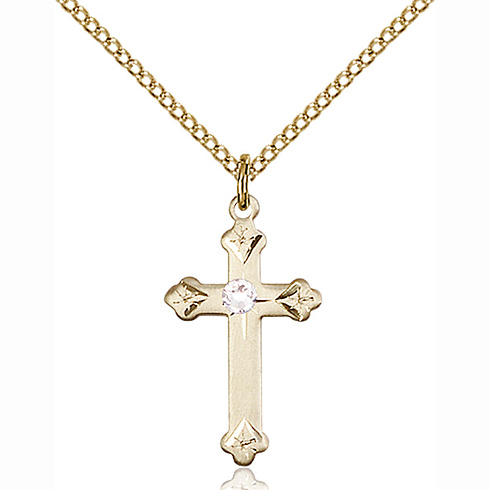 Gold Filled 3/4in Cross Pendant with 3mm Crystal Bead & 18in Chain