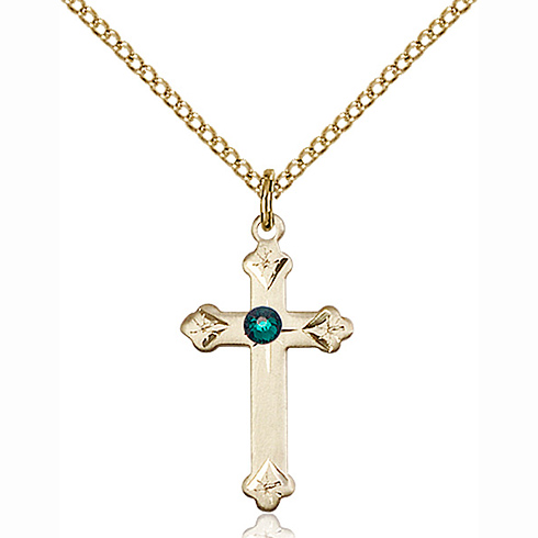 Gold Filled 3/4in Cross Pendant with 3mm Emerald Bead & 18in Chain