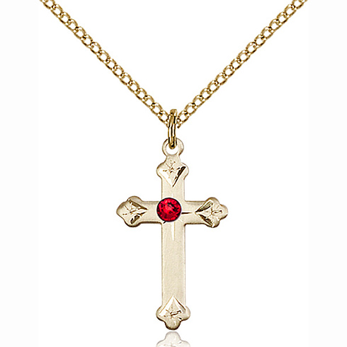 Gold Filled 3/4in Cross Pendant with 3mm Ruby Bead & 18in Chain