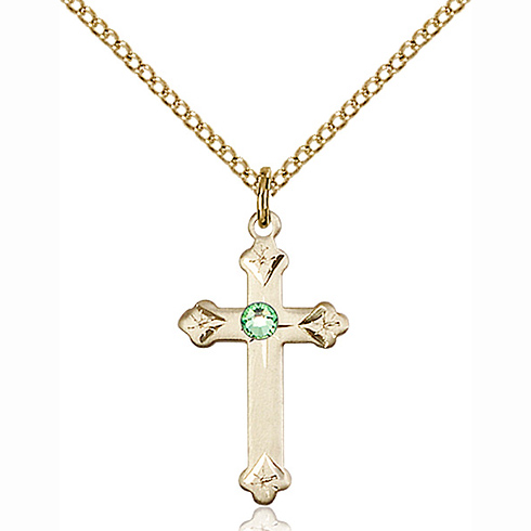 Gold Filled 3/4in Cross Pendant with 3mm Peridot Bead & 18in Chain