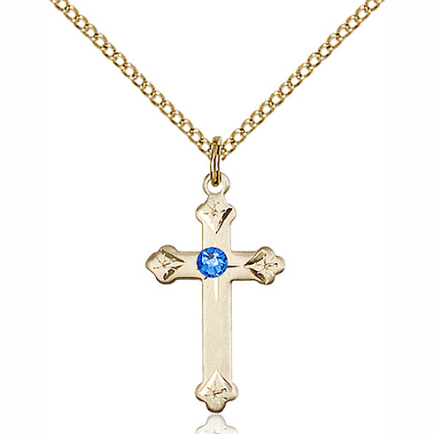 Gold Filled 3/4in Cross Pendant with 3mm Sapphire Bead & 18in Chain