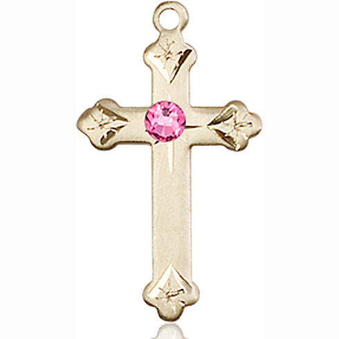 14kt Yellow Gold 7/8in Cross Pendant with 3mm Rose Bead 