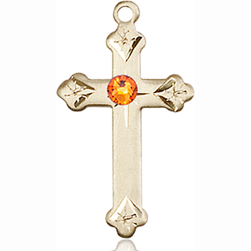 14kt Yellow Gold 7/8in Cross Pendant with 3mm Topaz Bead 