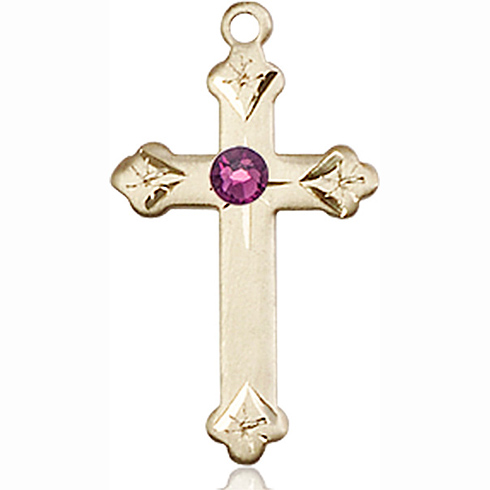 14kt Yellow Gold 7/8in Cross Pendant with 3mm Amethyst Bead 