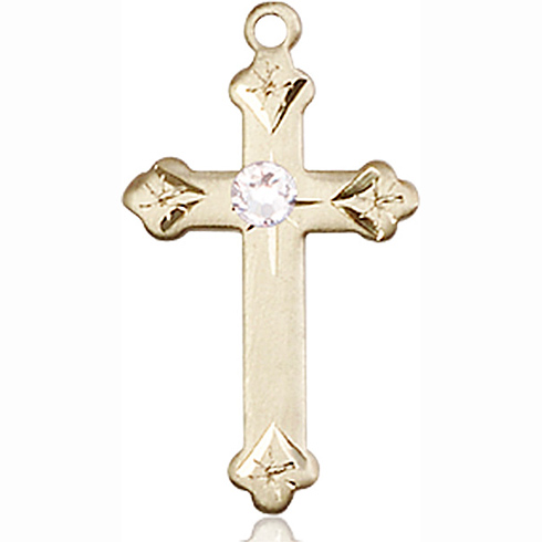 14kt Yellow Gold 7/8in Cross Pendant with 3mm Crystal Bead 