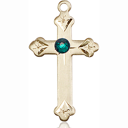 14kt Yellow Gold 7/8in Cross Pendant with 3mm Emerald Bead 