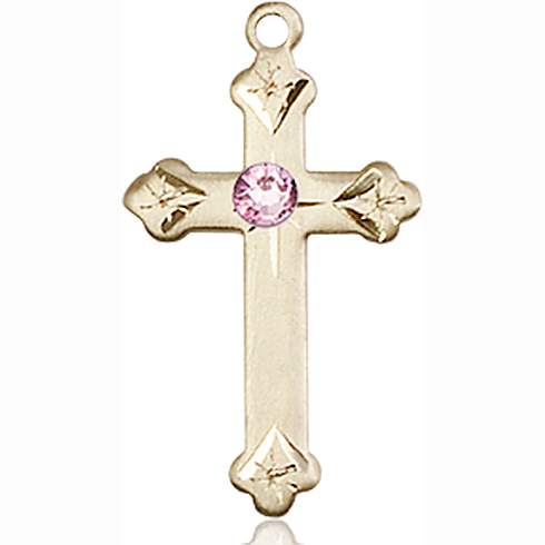 14kt Yellow Gold 7/8in Cross Pendant with 3mm Light Amethyst Bead 