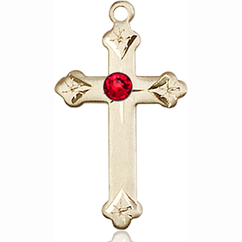 14kt Yellow Gold 7/8in Cross Pendant with 3mm Ruby Bead 