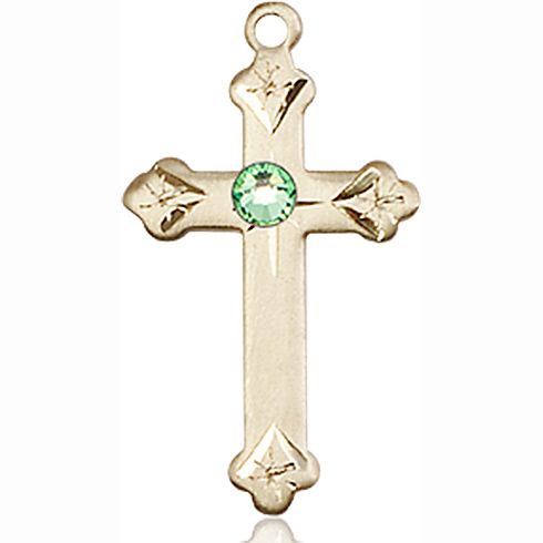 14kt Yellow Gold 7/8in Cross Pendant with 3mm Peridot Bead 