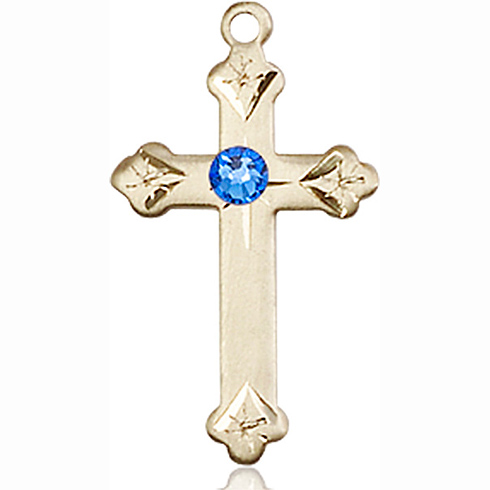 14kt Yellow Gold 7/8in Cross Pendant with 3mm Sapphire Bead 