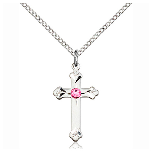 Sterling Silver 3/4in Cross Pendant with 3mm Rose Bead & 18in Chain